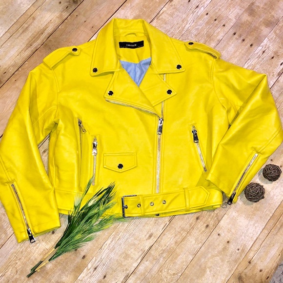 Zara Jackets & Blazers - Zara | Yellow Vegan Leather Moto Jacket